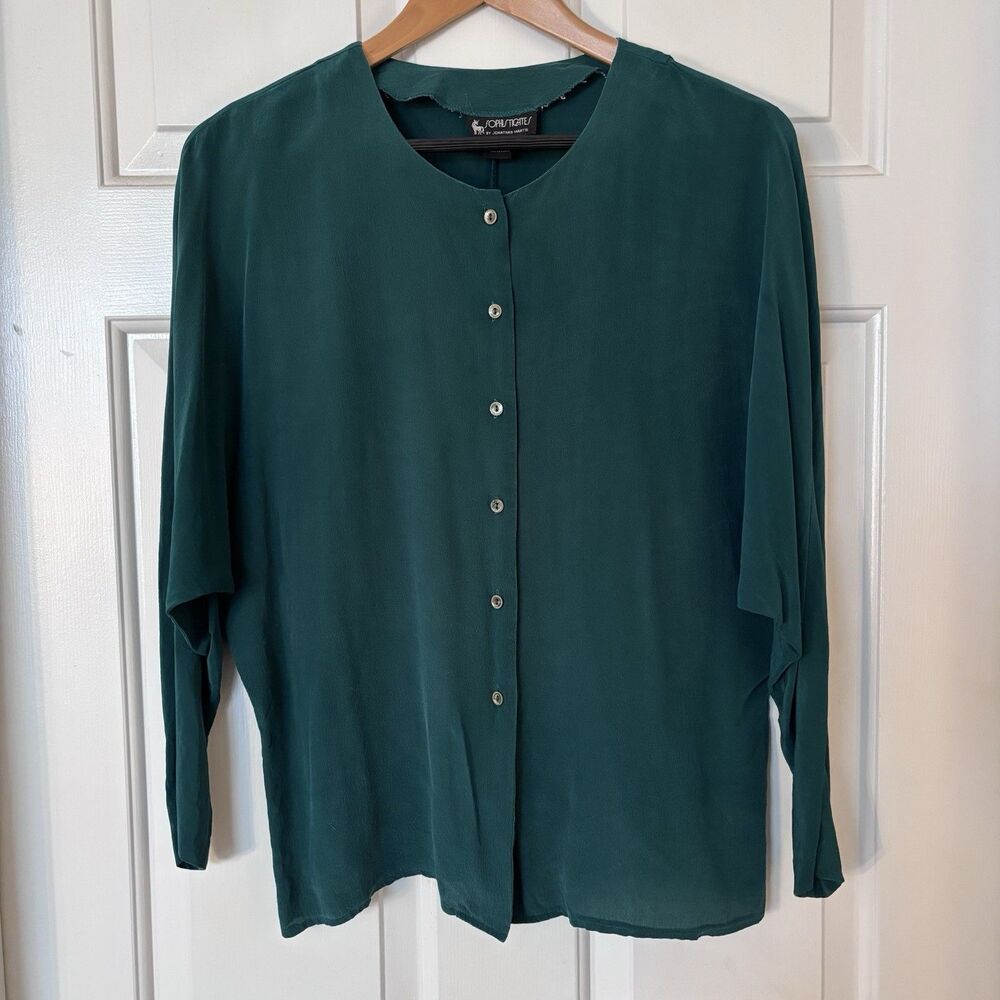 VTG Sophisticates Jonathan Martin 100% Silk Shirt Womens Medium Green Lagenlook